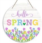 Hello Spring Round Welcome Decorative Sign, Spring Flower Wooden Sign with Rope, Wall Art Decorations for Farmhouse Home Garden Patio Porch, Spring Gifts for Friends Colleagues, A17