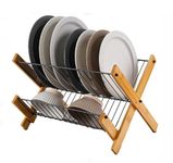 Arcanine Bamboo Dish Rack Folding Dish Drainer Metal Plate Rack Collapsible Drying Rack, Natural Bamboo for Holding Plates and Shelf for Cups Glass (AC-01)