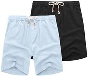 COOFANDY Men's Cotton Shorts Beach Elastic Waist Relaxed Fit Shorts Summer Light Blue/Black