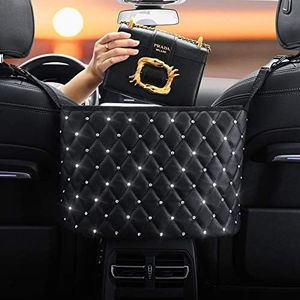 Leberna Car Seat Handbag Holder Pocket - Leather Storage Net Pocket with Diamond Bling Handbag Holder Between Car Seat Black Car Organizer