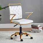 LUXMOD Vanity Chair Gold Office Chair Mid Back Ergonomic Swivel Computer Desk Chair with Arms, Ergonomic White Leather Chair for Lumbar Support & Extra Back,Home Office Chair for Desk