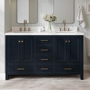 ARIEL Cambridge 60-inch Bathroom Vanity with Sink,Solid Wood, 1.5-inch Carrara White Quartz Countertop, Double Rectangular Porcelain Sink, 4 Soft Closing Doors, 6 Dovetail Drawers, Midnight Blue