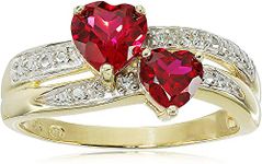 MORGAN & PAIGE Ruby Heart Ring - 10k Yellow Gold Double Heart Ring With Diamond Accents (I-J Color, I3-I4 Clarity) - Double Band Promise Rings For Her - Size 7