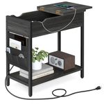 VASAGLE Side Table with Storage, End Table with USB Ports and Outlets, Nightstand with Charging Station, Fabric Bags, for Living Room, Bedroom, Ebonized Oak Finish and Black ULET310B42