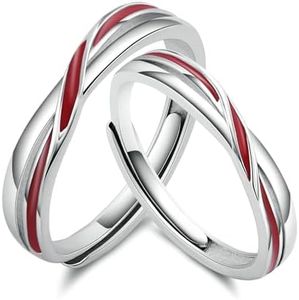BCughia Anelli di Coppia in Argento 925, Anelli di Fidanzamento Incisione con Filo Rosso FEDI Nuziali Lui e Lei Regolabile