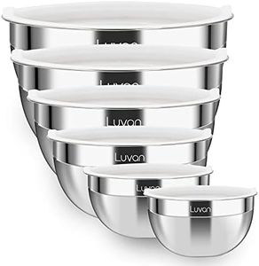 Luvan 18/10 304 Stainless Steel Mixing Bowl,Set of 6(1,1.5,1.9,2.6,3.4,4.2QT),with Airtight Lids,Nesting Bowls for Space Saving Storage,Dishwasher Safe, Great for Mixing,Baking, Prepping