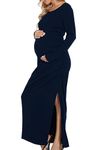 Smallshow Women's Ruched Maternity Dress Split Long Sleeve Pregnancy Clothes Medium,Navy