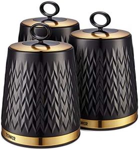 Tower T826091BLK Empire Set of 3 Storage Canisters for Tea Coffee Sugar, 1.3L, Black and Brass