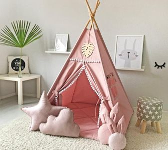 RONG FA Kids Teepee Tent with White Pom Pom - Indoor Play Teepee for Children Boys Portable Play House (Pink)