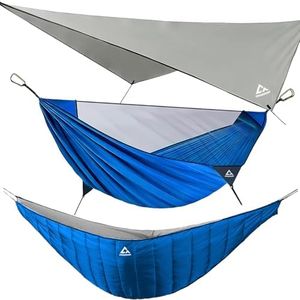 CROSSHIP Camping Hammock with Mosquito Net & Hammock Underquilt and Rain Fly Tarp - Portable for Indoor, Outdoor, Hiking, Backpacking, Backyard, Beach & Travel (Hold Up to 500lbs) - Blue
