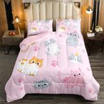 Erosebridal Kids Cat Comforter Set Full Size Cute Colorful Cats Bedding Set for Girls Kawaii Room Decor,Pink Pet Animal Paw Down Comforter Grey Orange Cat Bed Set Soft Quilt Duvet Set 2 Pillow Cases