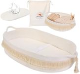 Baby Changing Basket with Pads and Safety Belt- 100% Cotton Boho Baby Moses Basket Changing Table and Thick Pad with Waterproof Mattress Cover, Nursery Decor in Brown and White Color with Storage Bag