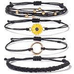 Sunflower String Bracelet Handmade Braided Rope Charms Boho Surfer Bracelet for Women(Black)