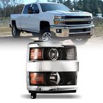 Passenger Side Projector Headlight Compatible with Chevy Silverado 2500/3500 2015-2019 (Only for Factory Halogen Headlight Models) Chrome Frame Headlamp Assembly for Pickup (Right Side)