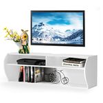 COSTWAY Wall Mounted Floating TV Stand, Wooden Hanging TV Cabinet Media Entertainment Center with Open Shelves, Television Console Unit for Living Room Bedroom (White)