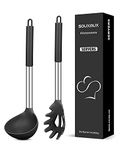 Silicone Pasta Fork and Soup Ladle Set, Non-Stick BPA Free Heat-Resistant Handy Kitchen Utensils for Cooking, Serving, Draining, Stirring (Black)