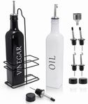 Tebery 2 Pack Oil and Vinegar Dispenser Set with Caddy Holder, 17oz Black & White Olive Oil Dispenser Bottle, Cute Modern Vintage Glass Cruet for Kitchen