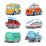 Coelon Diecast Metal Unbreakable Cartoon Car Set of 6 Mini Cars Train Bus Taxi Tram Plane and Ship Pull Back Toy for 2 3 4 5 Year Boys and Girls