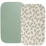 Fadacudan Muslin Bassinet Sheet Compatible with Arms Reach Co-Sleeper Bassinet, 2 Pack Cotton Stylish Boho Fitted Bassinet Sheets Super Soft for Baby Roman Green & Botanical Leaf