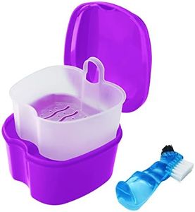 Colorful Denture Bath Case with Brush, Denture Cup Soaking Holder False Teeth Container Mouth Guard Storage Case Cleaning with Lid Waterproof - Purple