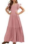 MITILLY Girls Lace Flower Ruffle Sleeve A-Line Swing Wedding Party Maxi Dress with Pockets, 04 Pink, 12 Years