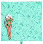 WEKAPO Beach Blanket Waterproof Sandproof Oversized, Extra Large Beach Mat Sand Free, Lightweight & Compact Sand Free Mat with 6 Stakes & 4 Corner Pockets (Turquoise Shells, 9 x 8 FT (1～6 Person))