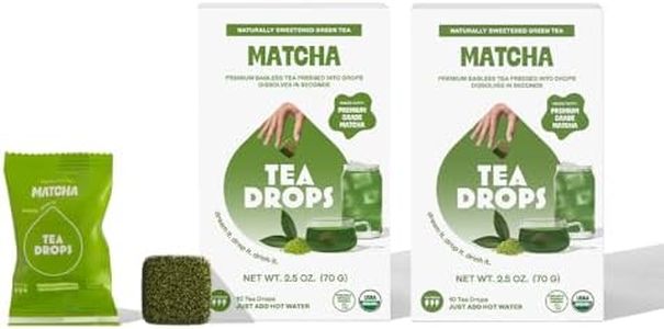 Tea Drops Lightly Sweetened Organic Tea Bulk Box | Matcha Green Tea | Iced or Hot Bagless Instant Tea Beverages Gift Set | Includes Premium Organic Japanese Matcha Powder | 10 Drops per Box