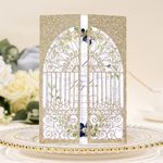 Crisjanggo 25Pcs Light Gold Glitter Laser Cut Wedding Invitation Kits with Envelopes and RSVP Cards Personalized Invitations for Sweet 16 Baby Bridal Shower Engagement Quinceanera Invite