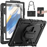 SEYMAC for Samsung Galaxy Tab A8 Case 10.5‘’ 2022(SM-X200/SM-X205/SM-X207), Shockproof Protective Case with Screen Protector, 360 Degree Rotating Hand Strap& Stand, Shoulder Strap, S Pen Holder, Black