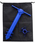 Extraordinaire Beach Umbrella Sand Anchor - Pole Base Screw Holder Stand Portable Auger Stake Support Safe for Strong Winds One Size Fits All Sturdy Blue Plastic Complete with Towel Hook and Carry Bag