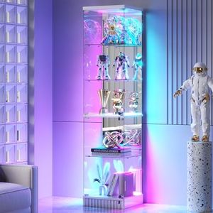 HNEBC 6-Tier Shelf with Glass Door, LED Display Case with RGB Lights& Motion Sensor, Lockable Curio Cabinet for Collectibles,Bookcase,Lego China Cabinet-White