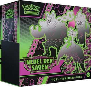 Pokémon - Juego de Cartas coleccionables: Top Trainer Box Carmesin & Purple - Nebulosa de Las Sagas (1 Tarjeta Promocional de Pantalla Completa con máscara Verde Turquesa, 9 Paquetes de Refuerzo y