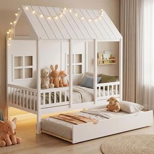 DUMOS Twin House Bed Frame with with High Rails&Trundle