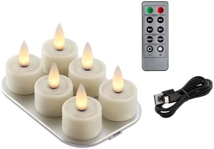 CozierGlow Rechargeable Tea Lights with Remote Timer, 3D Moving Flame Rechargeable Tea Lights Candles (Includes Remote Control, Charging Base, and USB Cable) (Ivory-Tealight-6 Pack, 1.4in)