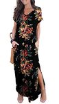 GRECERELLE Women Maxi Long Dress Summer Casual Beach Boho Short Sleeve V Neck Maxi Dresses with Pocket (FP Brown Black, M)