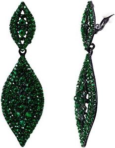 EVER FAITH Boucles d'Oreilles Pendentif Clip Femme Double Feuilles Fantaisie Fastueux Bijoux Mariage Cristal Strass Ton Noir Vert
