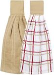 Ritz Premium 100% Cotton Solid and Multi Check Kitchen Tie Towel, Absorbent, Super Soft, and Fast Drying Hang Towel, Set of Two, Biscotti