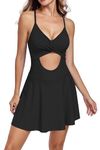 Vozobi Womens One Piece Swimsuit Cutout V Neck Wrap Tie Back Swimdress Build-in Brief Skirt Tummy Control Bathing Suits Black