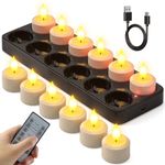 SoulBay Flameless Candles with Remote Control Timer & Charging Base, 12pcs USB Rechargeable Battery LED Tea Lights Candles Small Votive for Lantern Pool Weddings Emergency Christmas Home Decorative