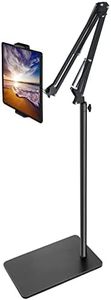 Tablet Floor Stand with Double Weight Base, Overhead Bed Phone Mount Height Adjustable Arm Stretchable Stand Holder, Compatible with iPad Mini Air Pro, Galaxy Tab, Kindle, Switch, Cell Phones-Black