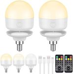 SCOPOW 2Packs E12 Rechargeable Light Bulbs with Remote Control Timer and 3 Color Temperature Options,Battery Operated Light Bulb Magnetically Dimmer for Non-Hardwired Detachable(5W+E12+3Colors+2PC)