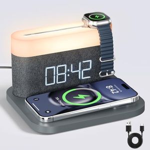 HOURUNTAIL Alarm Clock with Multi-Function Mobile Phone Watch Wireless Charging 15W Max Touch Bedside Lamp,3 Colors nightlight, Sleep Timer for Bedroom,Bedside,Desk