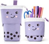 Maomaoyu Cute Cartoon Cat Stand up Pencil, Cat Pencil Case for Girls, Large Lightweight Canvas Holder for Kids Students Adults Girls Boys Presents, Purple & Dot