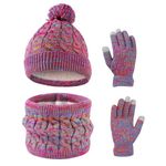 Waylipun Kids Winter Warm Beanie Hat Scarf Gloves Set, 3 in 1 Thermal Knitted Pom Pom Snood Scarf Gloves Set with Double Layer Fleece Lining for Kids Boys Girls 3-10 Year Old (Rainbow Mix)