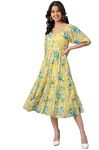 Janasya Women's Yellow Georgette Floral Printed Flared Western Dress(J0433-DR-L)