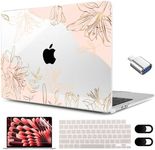 MEEgoodo for M3 MacBook Air M2 Case 2024 2023 with M3 M2, Clear Case Fit Model A3114 A2941 for MacBook Air 15 inch, Laptop Hard Shell with Keyboard&Webcam Cover&OTG Adapter, Gold Flowers Lilies