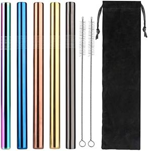 Pailles Bubble Tea réutilisables, Lot de 5 Acier Inoxydable Pailles à Boire en métal avec Petite Pochette de Rangement et 2 Petite Brosse pour Jus de Milkshakes à Boire Froid,Smoothie