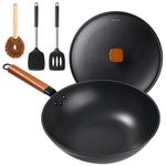 Wok Pan with Lid - 13" Nonstick Wok, Carbon Steel Woks & Stir-Fry Pans Set, Flat Bottom Chinese Wok for Electric, Induction and Gas Stoves