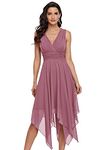 Ever-Pretty Women's Double V Neck Empire Waist Midi Asymmetrial Hem Short Paty Dresses Orchid 16UK