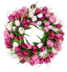 U'Artlines 20 Inch Tulip Wreath for Front Door, Spring Summer Silk Wreath with Green Leaves Artificial Tulip Flower Wreaths for All Seasons Window Wall Wedding Valentines Day Decor